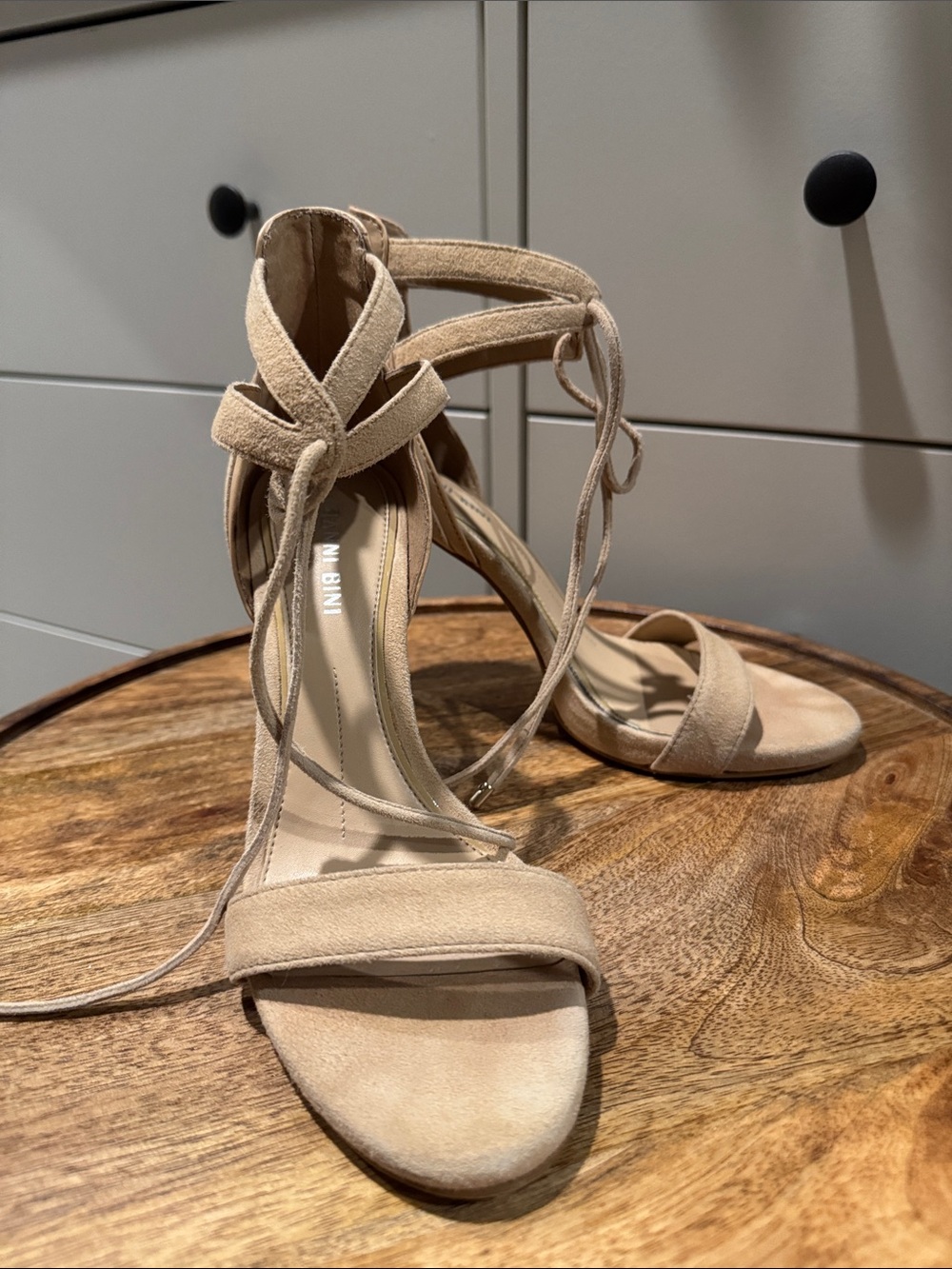 Gianni Bini Nude/Tan Suede Lace-Up High Heel Sandals